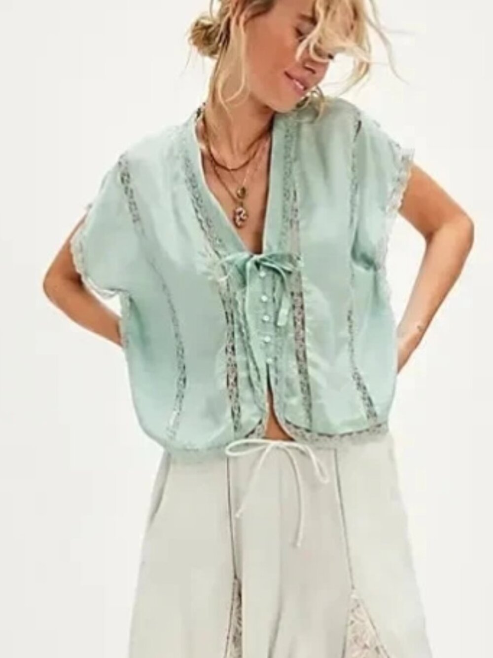 Free People Marigold Shine Lace Top Buttondown Lace Blue surf S